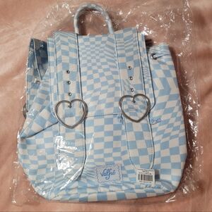 Valfre Madeline Sky Blue Checkered Backpack with Heart Accents